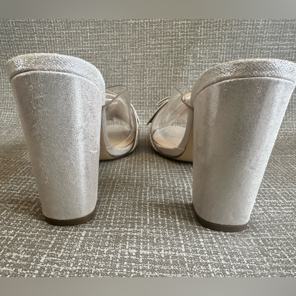 Nina New York Silver Bow Heels Sz 8.5M Clear Strap Block Sandals Wedding Evening - Picture 7 of 14